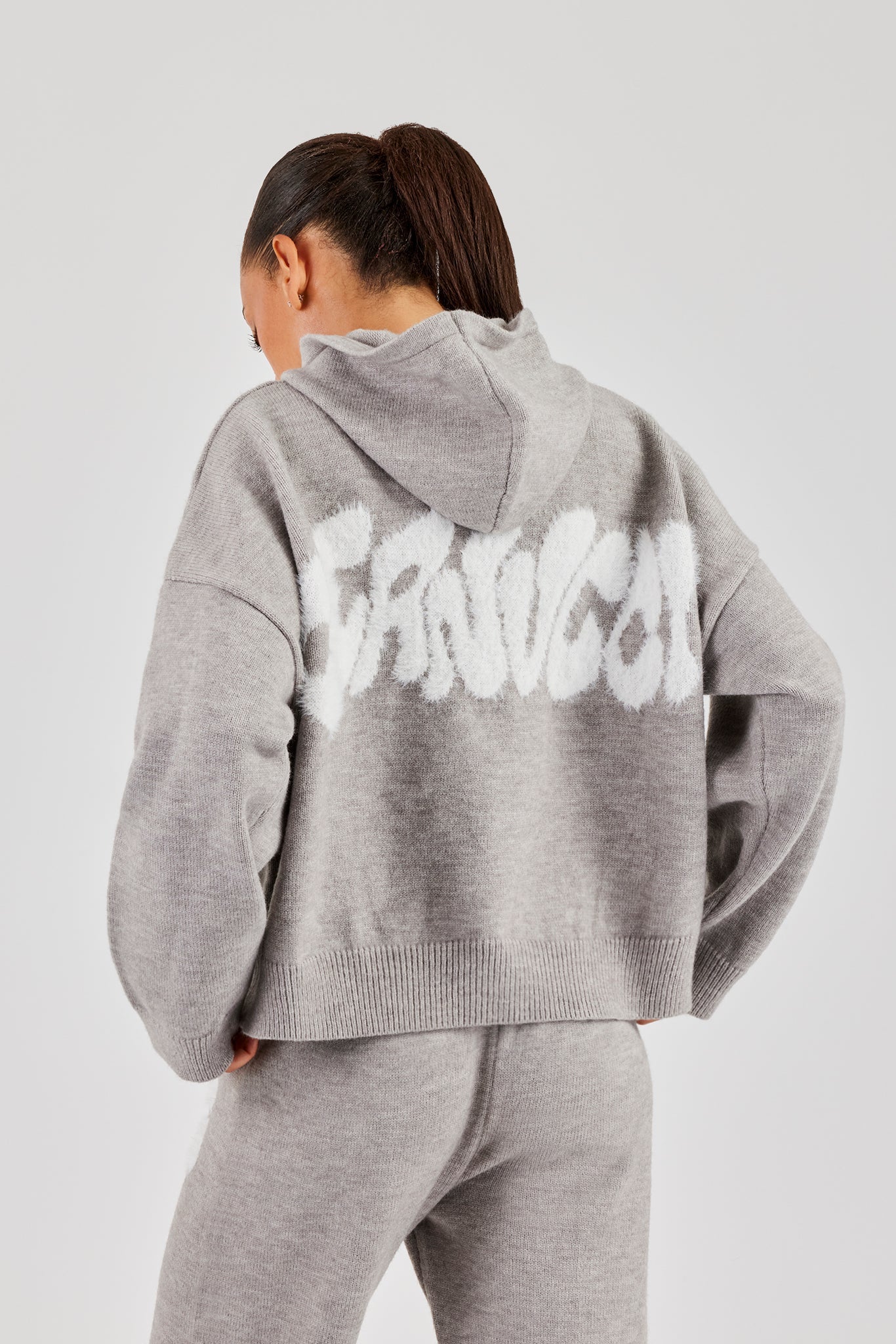 Fluffy Intarsia Boxy Hoodie - Grey